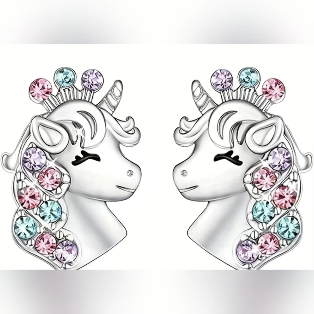 New 4pc unicorn set necklace bracelet earrings adjustable ring, T1B3A